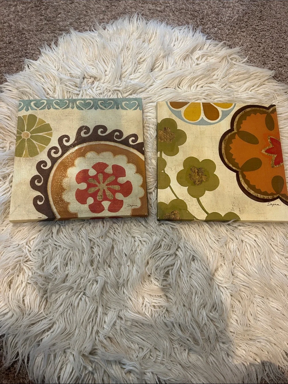 Set of 2 Floral Abstract Canvas Prints in Cream, Green & Orange